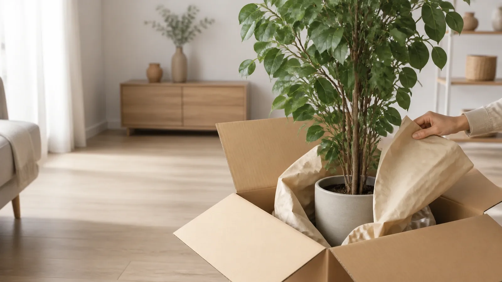 Plante artificielle préparée dans un salon lumineux avec carton ouvert, protection souple et calage autour du cache-pot