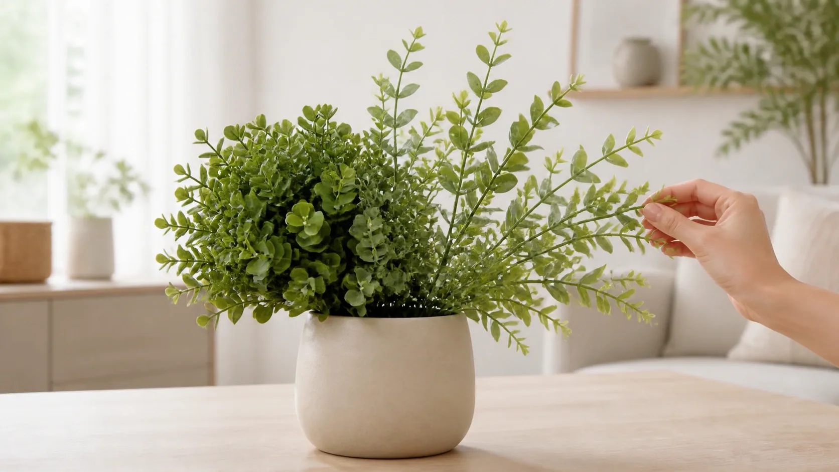 Mise en forme délicate d’une plante artificielle après livraison pour lui redonner du volume.