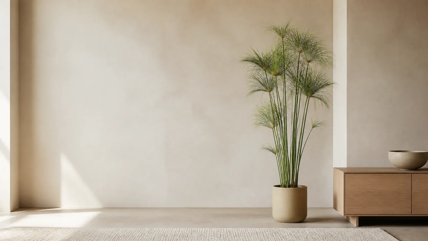 Plante artificielle à silhouette graphique dans un intérieur minimaliste aux tons naturels.