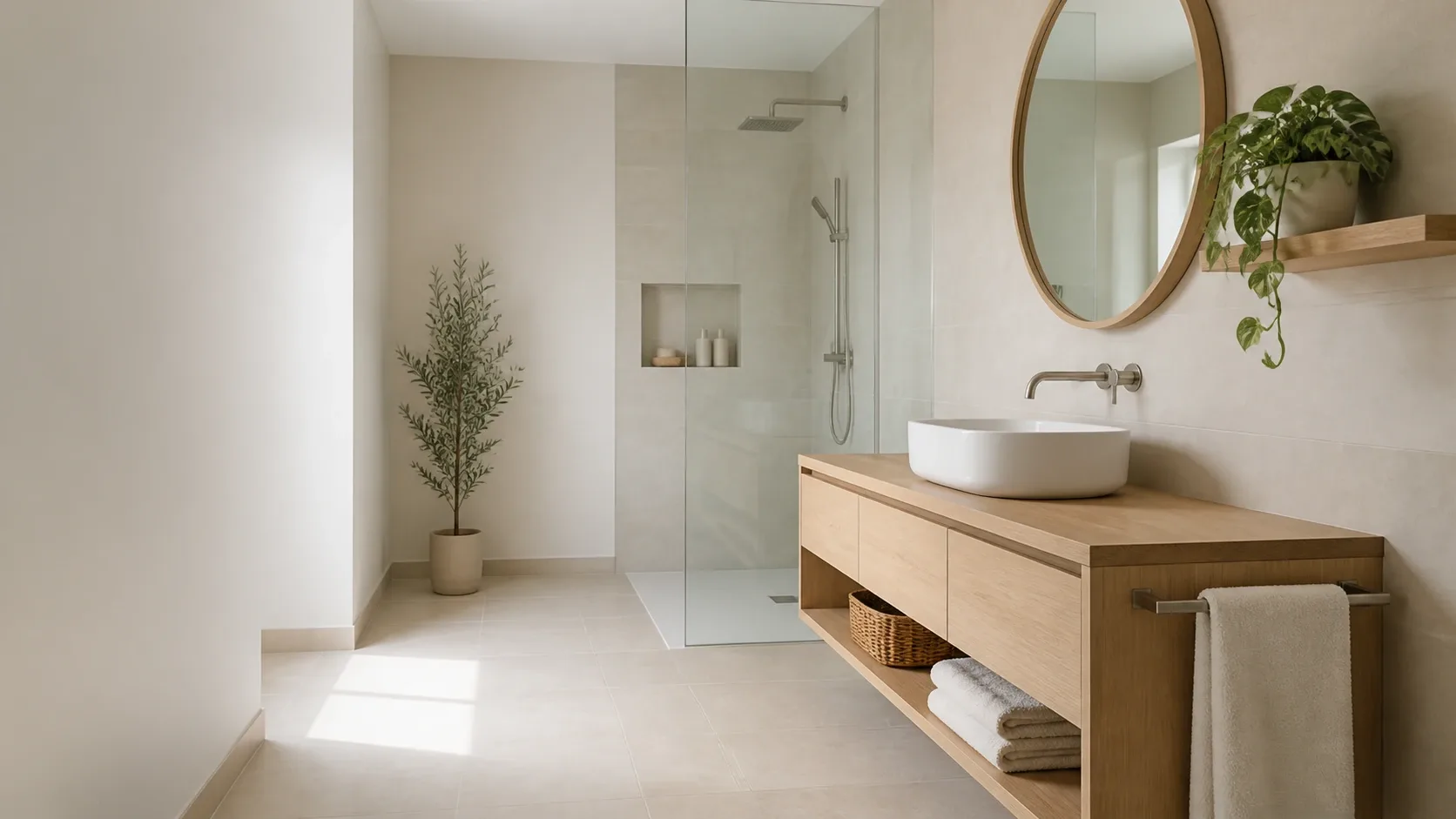 Plante artificielle compacte installée sur une étagère dans une petite salle de bain lumineuse.