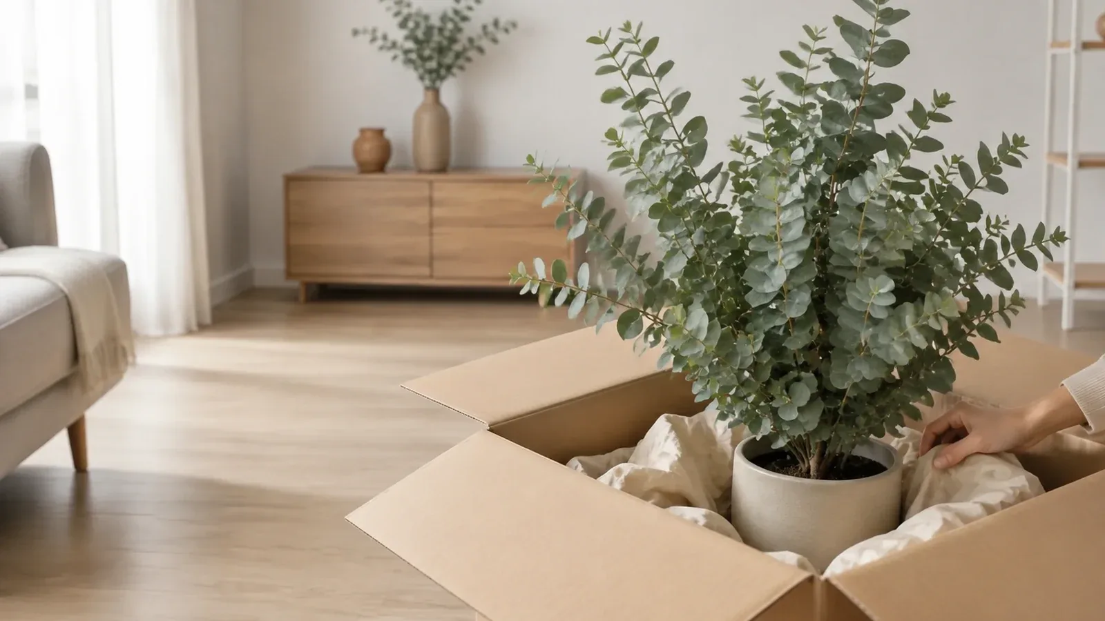 Plante artificielle protégée sans compression dans un carton ouvert pour un stockage au sec