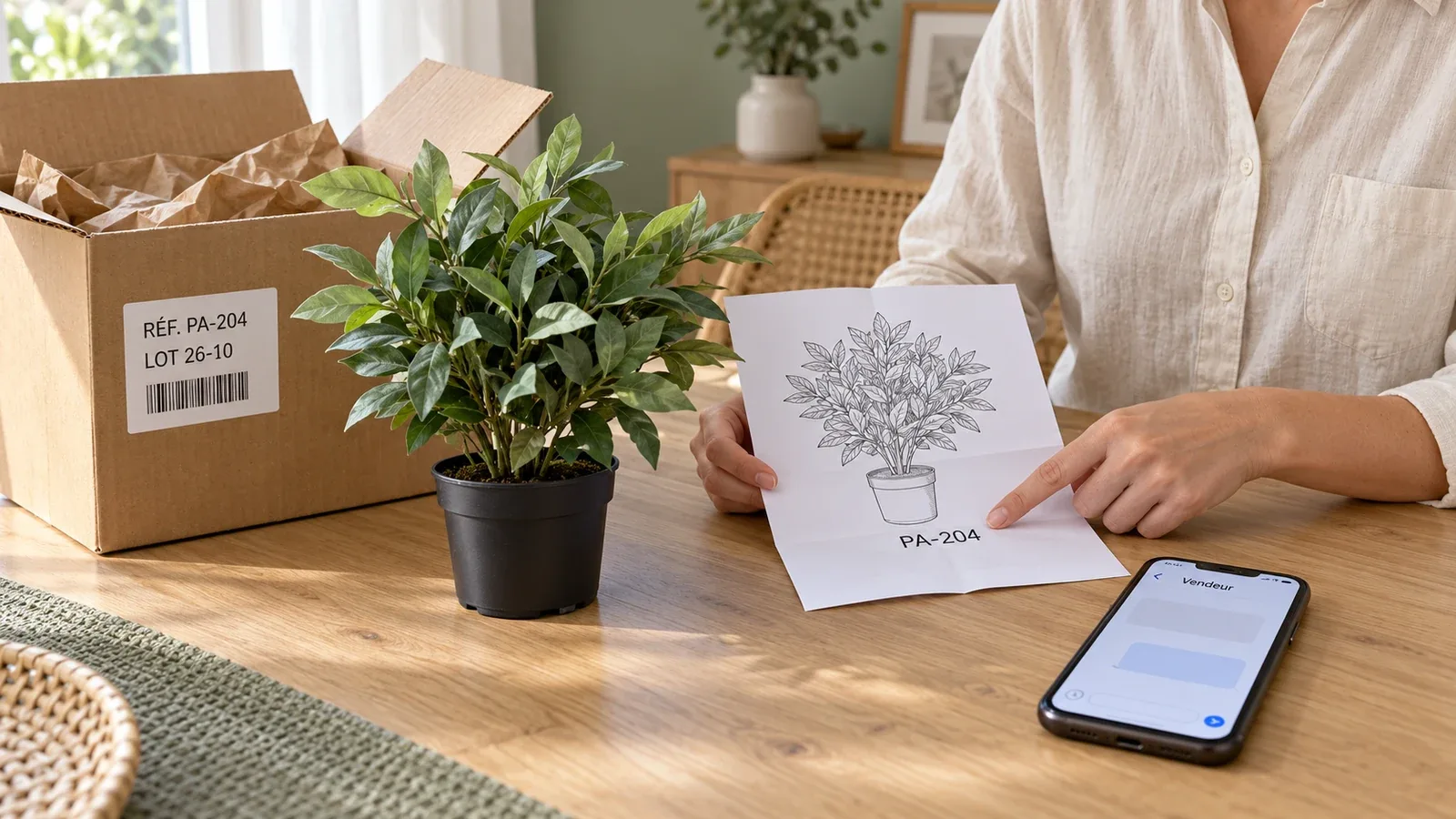Notice et référence du carton comparées près d'une plante artificielle en pot noir après déballage, avec un téléphone posé sur la table.