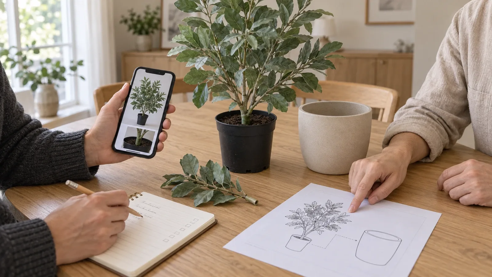 Acheteur et vendeur comparant une plante artificielle d'occasion avec ses photos sur smartphone, une notice illustrée et un inventaire incomplet, le cache-pot présenté séparément.