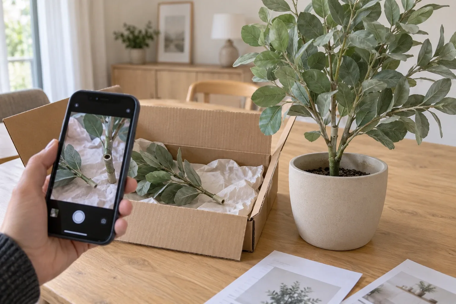 Smartphone photographiant une fixation désolidarisée d’une plante artificielle, avec une branche détachée dans le carton ouvert et son calage conservé.