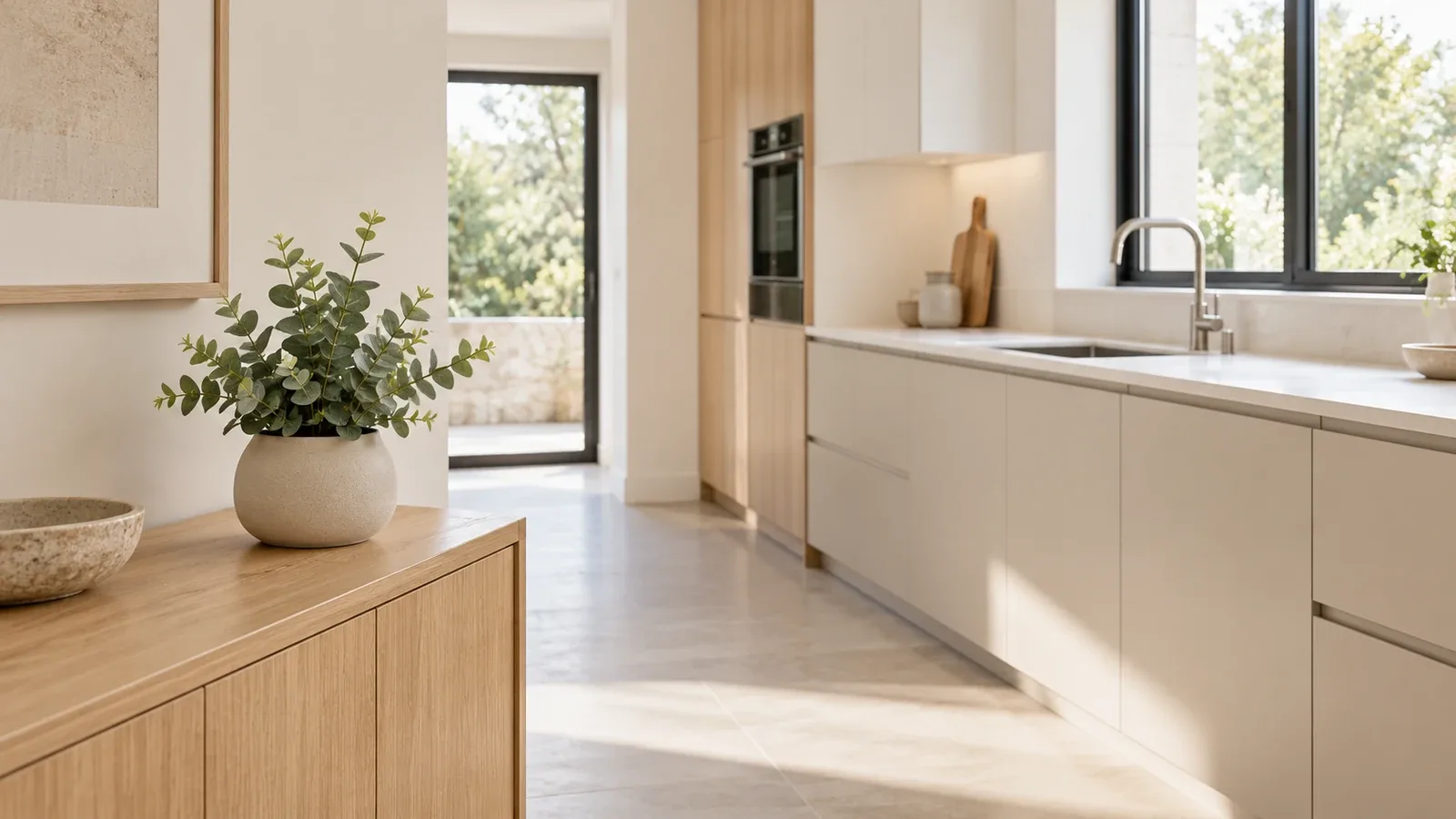 Petite plante artificielle en cache-pot beige sur un meuble périphérique en bois, dans une cuisine lumineuse au plan de travail et au passage dégagés.